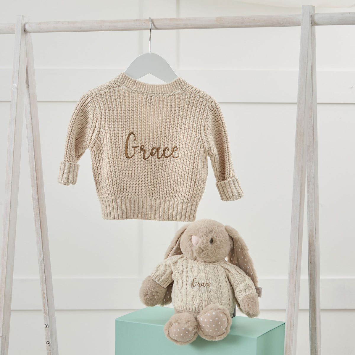 Personalised Oatmeal Snuggle Bunny and Cardigan Gift Set