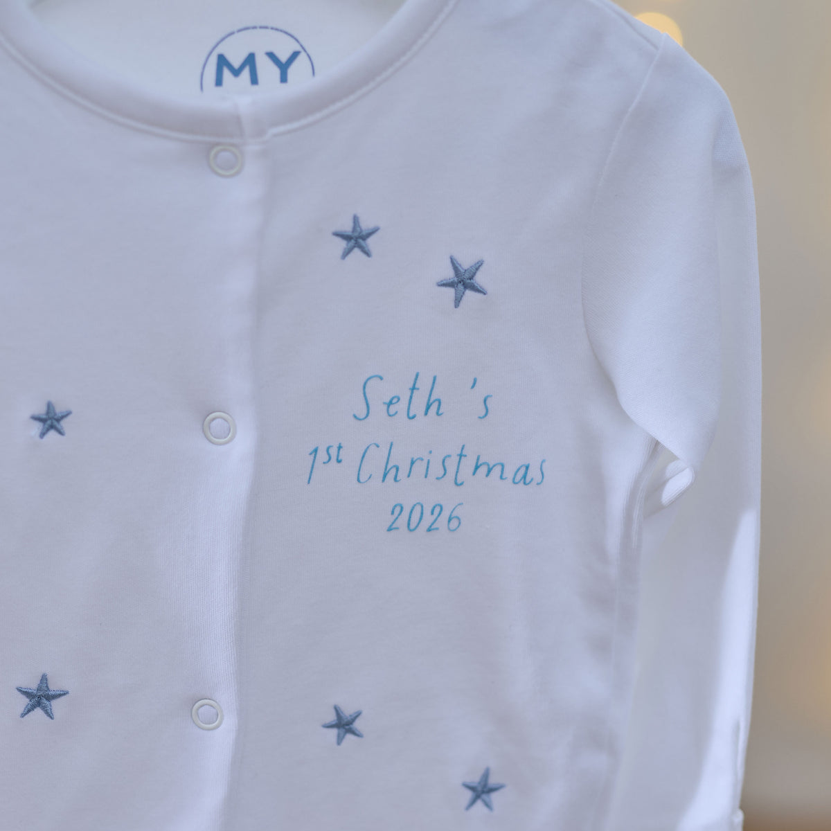 Personalised My 1st Christmas 2026 Blue Star Sleepsuit