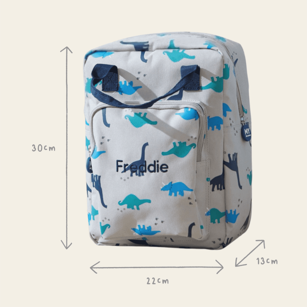 Personalised Grey Dinosaur Print Medium Backpack