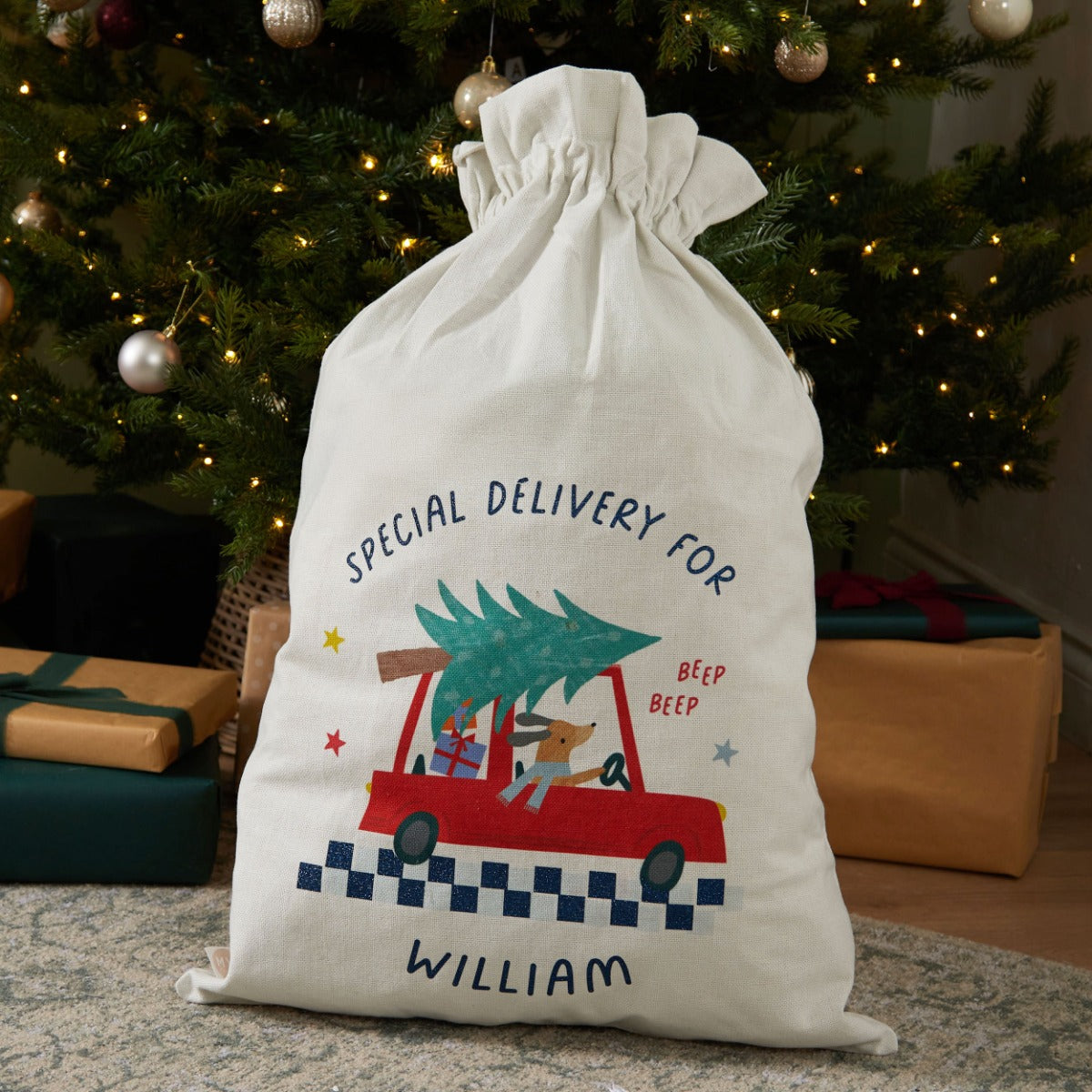 Personalised Blue Checkered Christmas Tree Sack