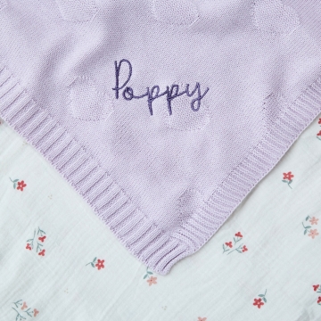 Personalised Lush Lavender Heart Jacquard Baby Blanket