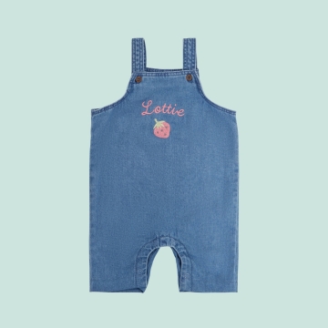 Personalised Strawberry Design Short Legged Denim Dungarees