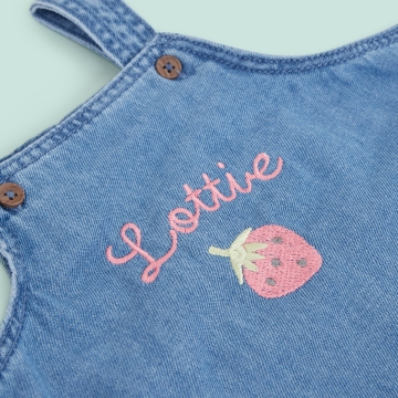 Personalised Strawberry Design Short Legged Denim Dungarees