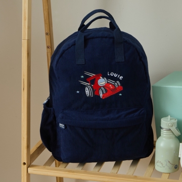 Personalised Racecar Large Navy Cord Backpack