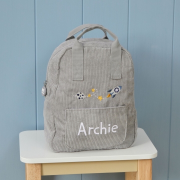 Personalised Rocket Embroidered Grey Cord Backpack