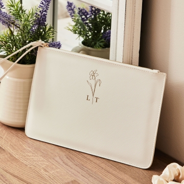Personalised White Birth Flower Monogrammed Pouch