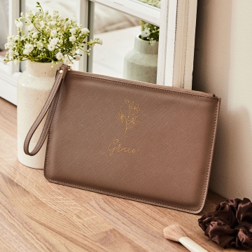 Personalised Taupe Birth Flower Name Pouch