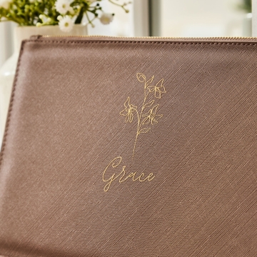 Personalised Taupe Birth Flower Name Pouch