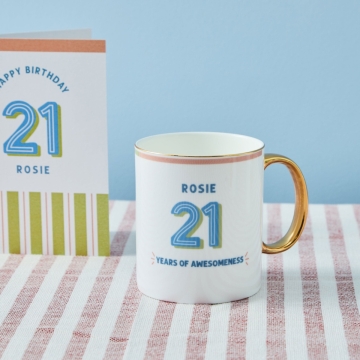 Personalised Modern Milestone 21st Birthday Golden Handle Fine China Mug