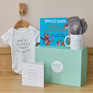 Personalised My Hero 1st Father's Day Bodysuit, Socks & Book Gift Set