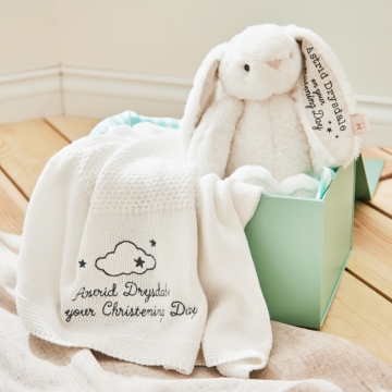 Personalized White Bunny and Shawl Christening Gift Set