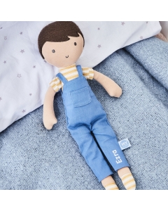 Personalised Blue Dark Hair Doll in Dungarees Outfit