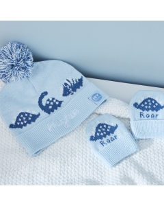 Personalised Blue Dinosaur Knitted Hat & Mittens Set