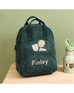 Personalized Let's Play Outside Badge Forest Green Cord Mini Backpack