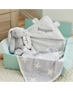 Personalized Grey New Baby Essentials Gift Set