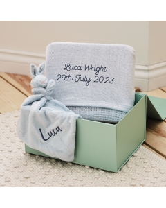 Blue baby blanket and bunny comforter