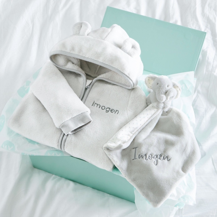 Personalized Grey Fleece Onesie & Comforter Gift Set