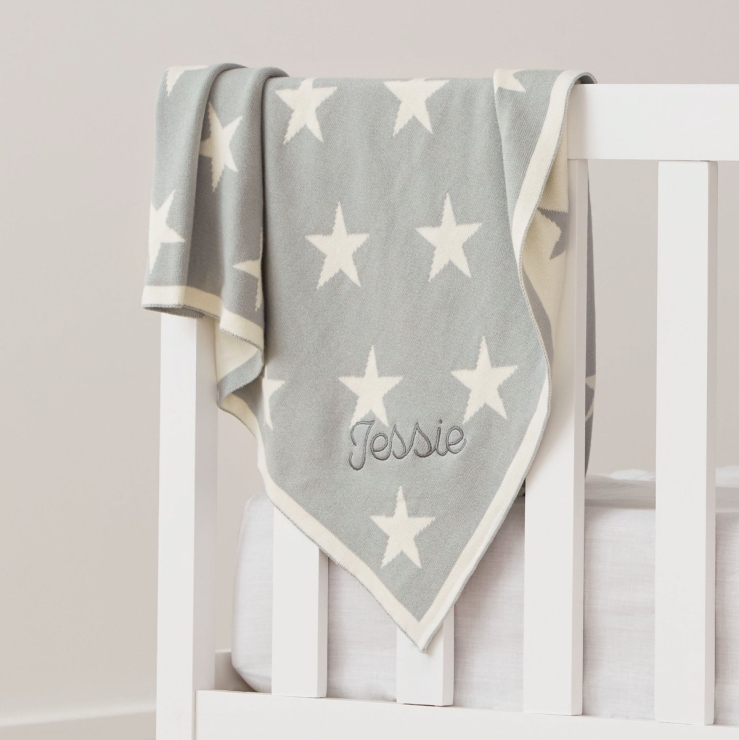 Personalized Light Blue Star Intarsia Baby Blanket
