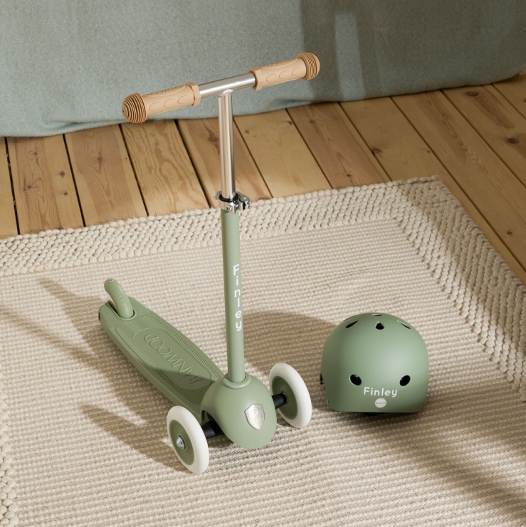 Personalised Olive Eco Banwood Three-Wheel Scooter and Helmet Set