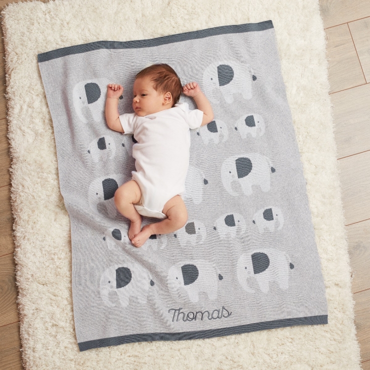 Personalised Grey Elephant Knitted Intarsia Blanket  Model
