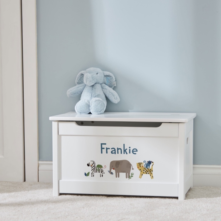 Personalised Safari Animal Design White Panelled Toy Box FSC®