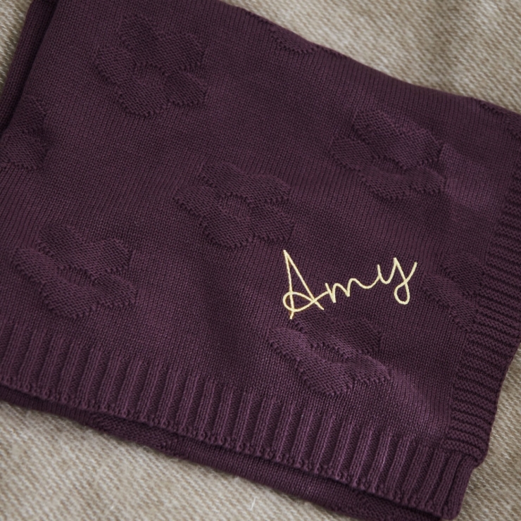 Personalised Plum Flower Jacquard Baby Blanket