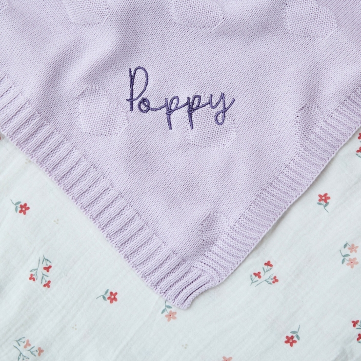 Personalized Lilac Heart Jacquard Baby Blanket