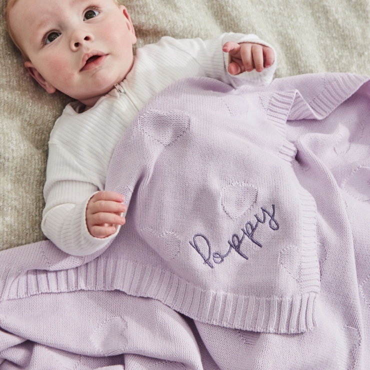 Personalized Lilac Heart Jacquard Baby Blanket