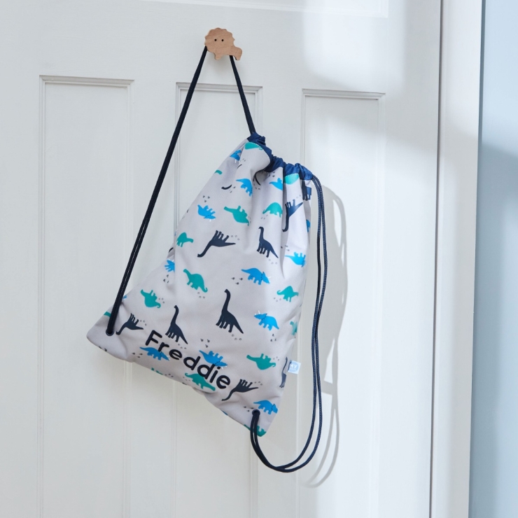 Personalised Grey Dinosaur Print Drawstring Bag