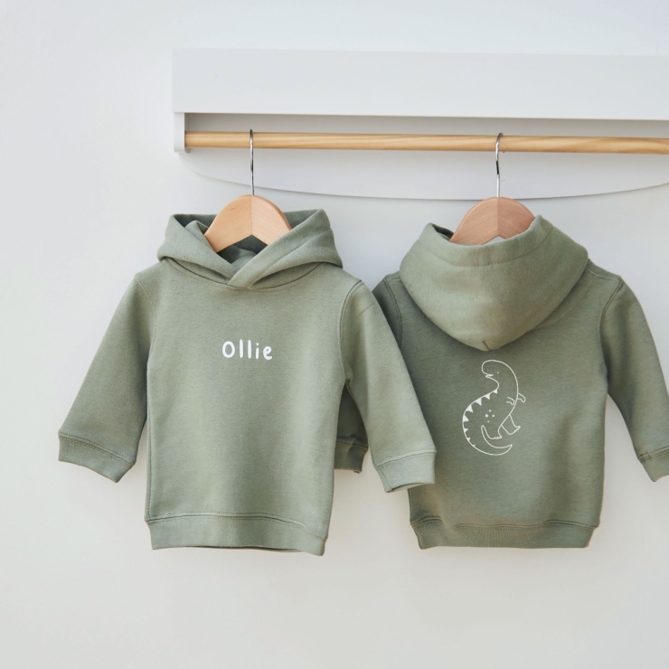 Personalised Dinosaur Olive Green Hoodie
