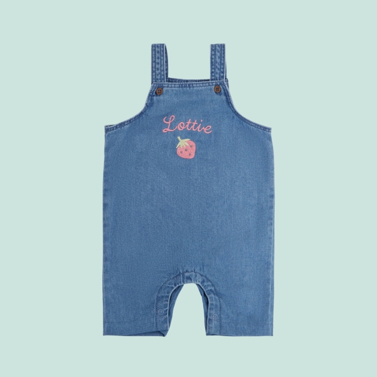 Personalised Strawberry Design Short Legged Denim Dungarees