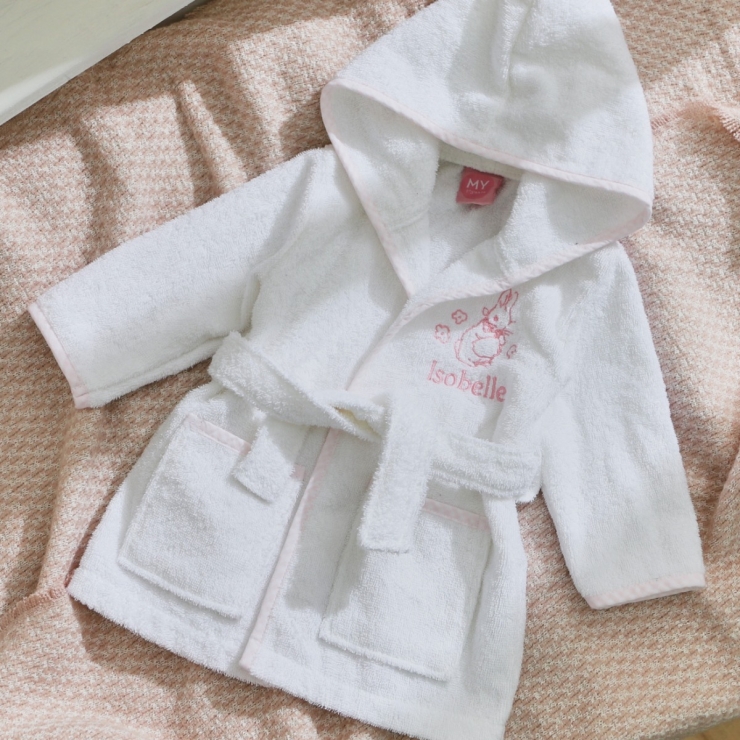Personalised Pink Gingham Trim Flopsy Rabbit Towelling Robe