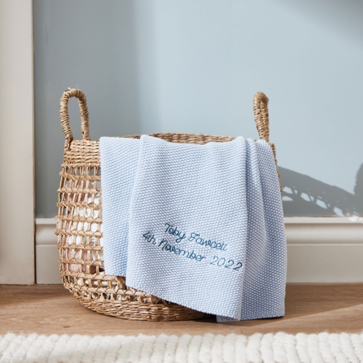 Personalized Blue Textured Knit Baby Shawl