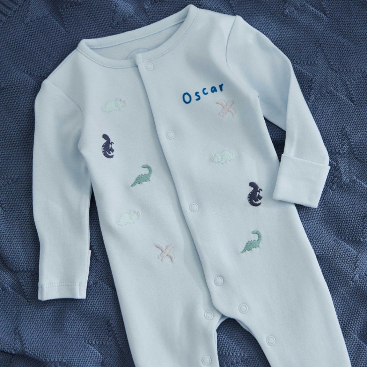 Personalised Blue Dinosaur Sleepsuit
