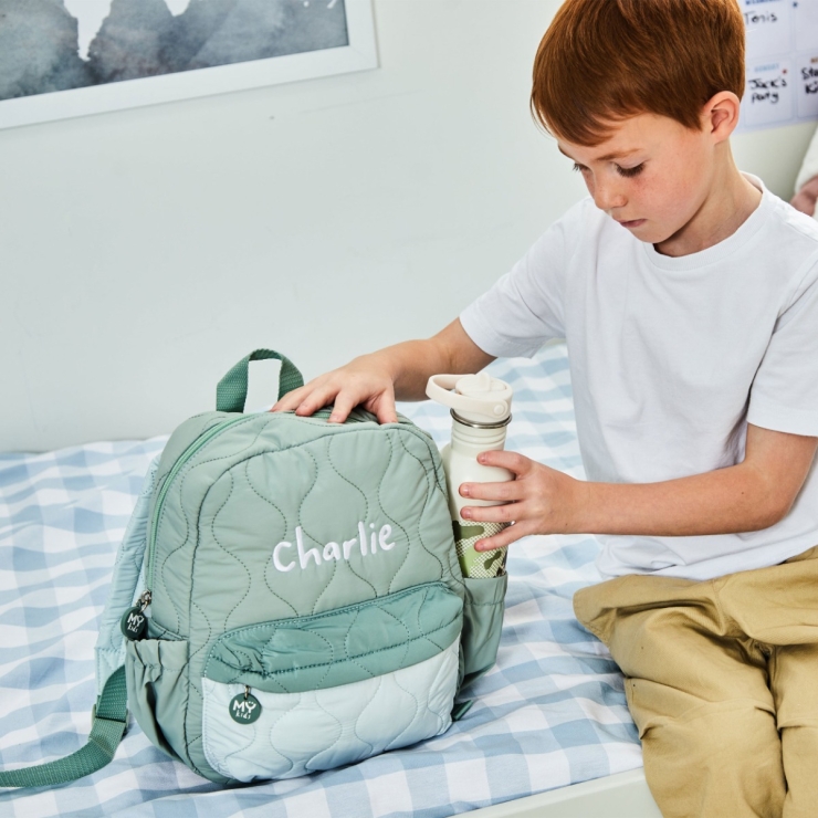 My Kids Personalised Colour Block Quilted Medium Backpack in Sage  