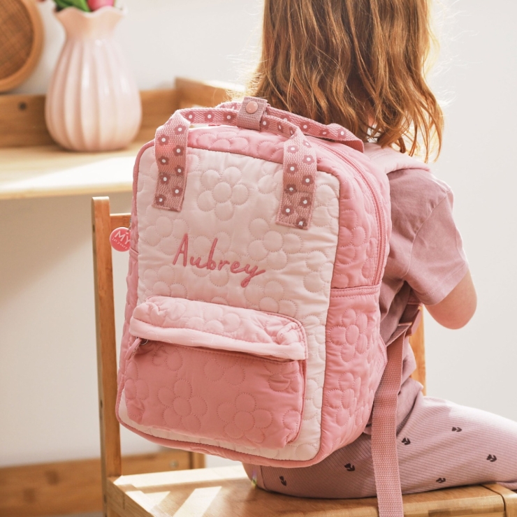 Personalized Pink Flower Quilted Medium Backpack