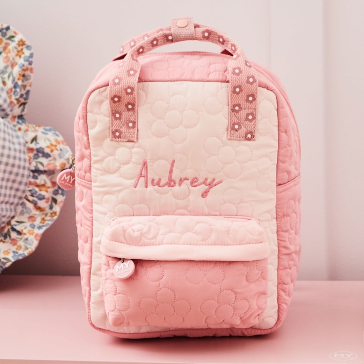 Personalized Pink Flower Quilted Medium Backpack