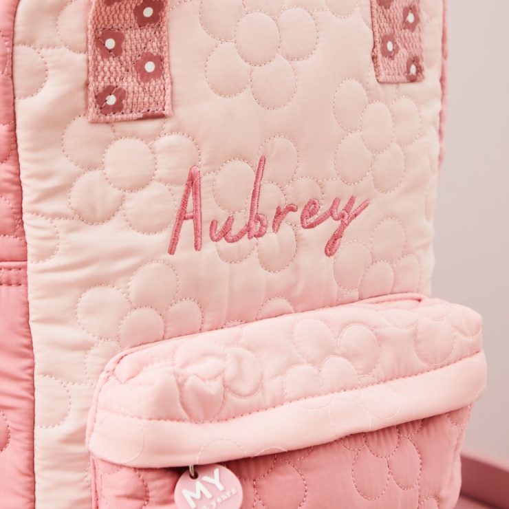 Personalized Pink Flower Quilted Medium Backpack