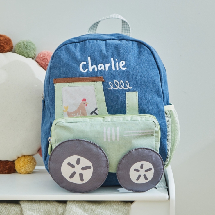 Personalized Tractor Denim Medium Character Backpack