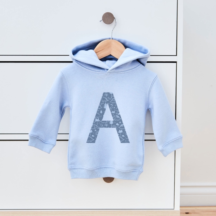 Personalised Blue Dinosaur Design Initial Hoodie