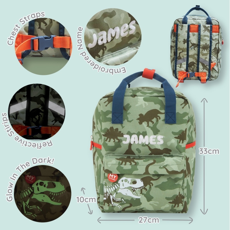 Personalised Dino Camo All-Over Print Glow In The Dark Medium Backpack