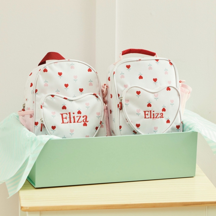 Personalised Tulip Heart Print Backpack & Lunch Bag Gift Set