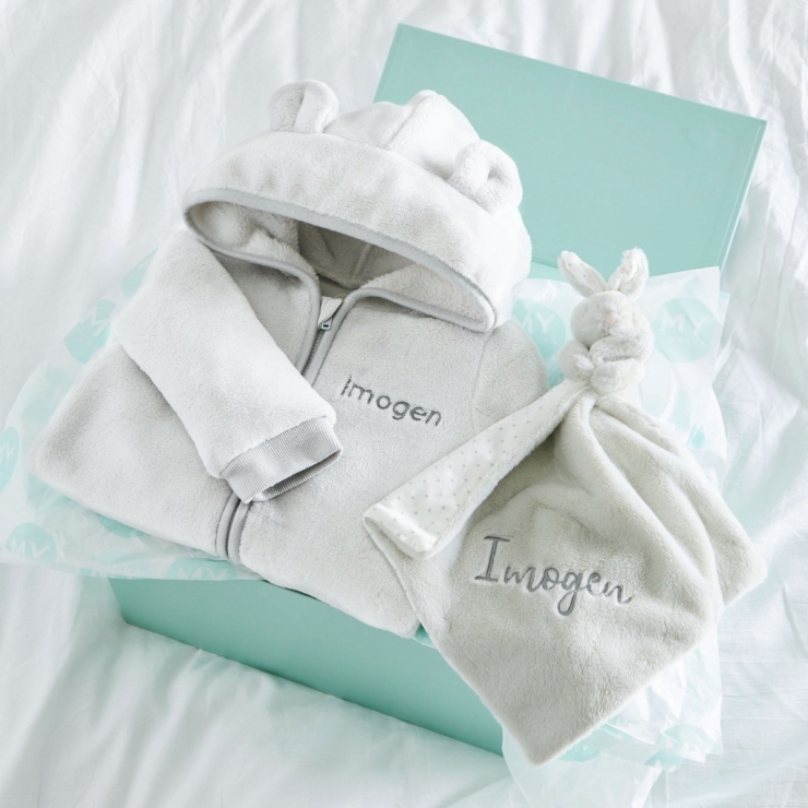 Personalized Grey Fleece Onesie & Comforter Gift Set