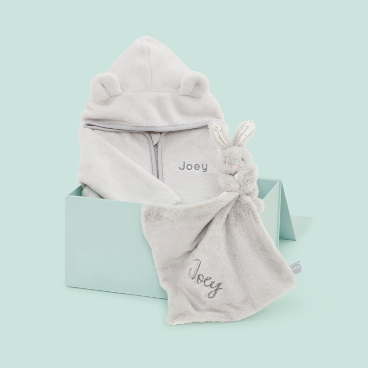 Personalized Grey Fleece Onesie & Comforter Gift Set