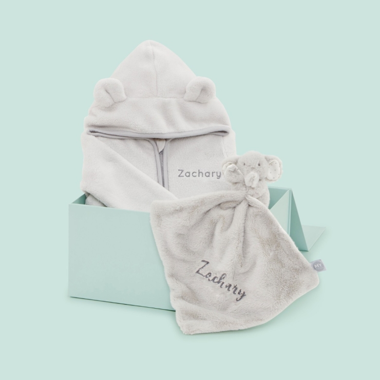 Personalized Grey Fleece Onesie & Comforter Gift Set