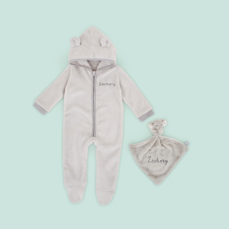 Personalized Grey Fleece Onesie & Comforter Gift Set