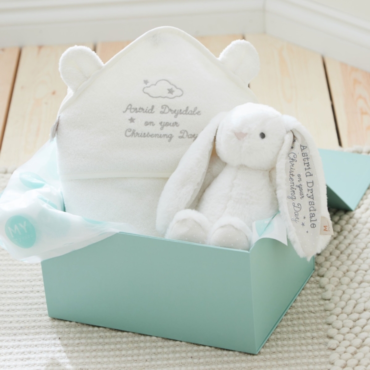 Personalised Ivory Bunny and Hooded Towel Christening Gift Set