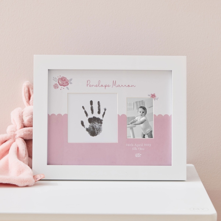 Personalized Pink New Baby Handprint Photo Frame