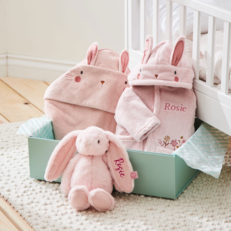 Personalised Pink Bunny Splash, Snuggle and Cuddle Gift Set