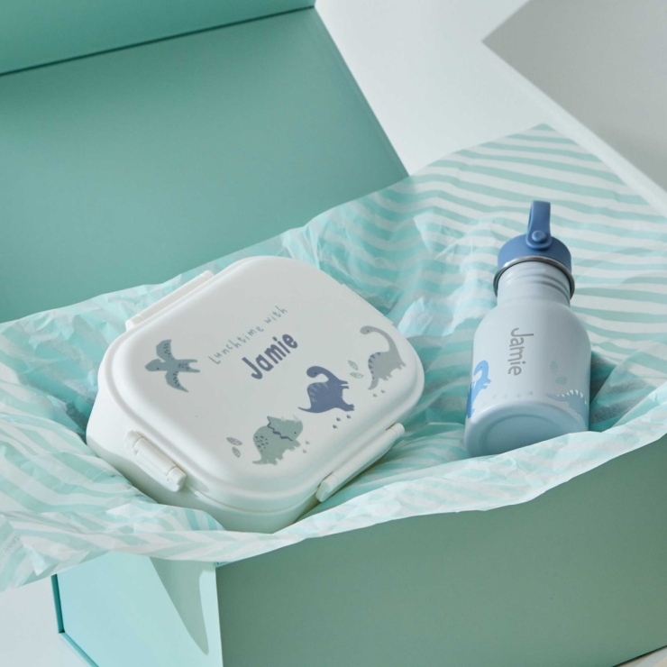 Personalised Dinosaur Lunch Box and Water Bottle Set
